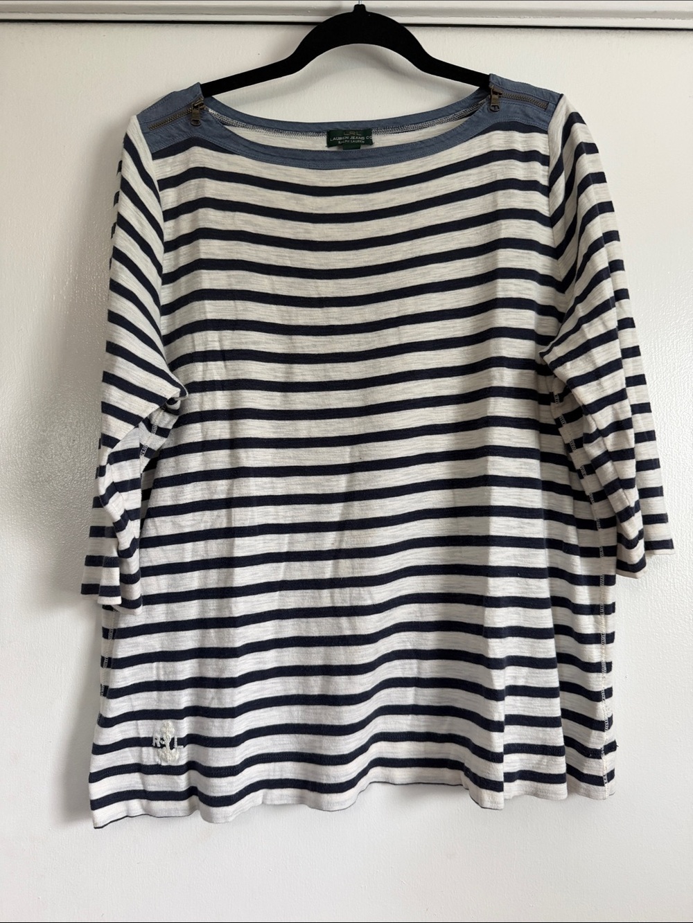 Lauren Ralph Lauren Navy and White Striped Boatneck Long Sleeve Top